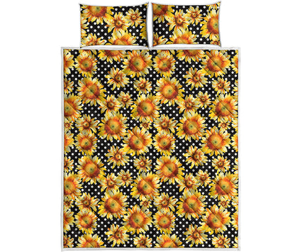 Watercolor Polka Dot Sunflower Print Quilt Bed Set