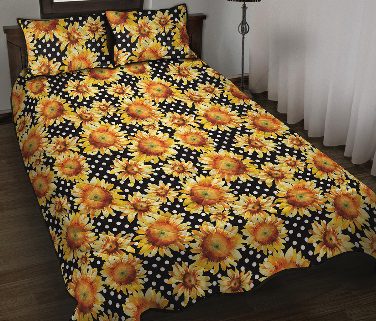 Watercolor Polka Dot Sunflower Print Quilt Bed Set