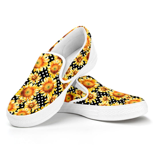 Watercolor Polka Dot Sunflower Print White Slip On Shoes