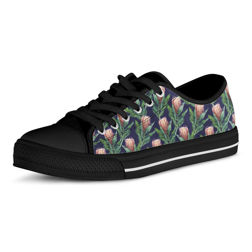 Watercolor Protea Pattern Print Black Low Top Shoes