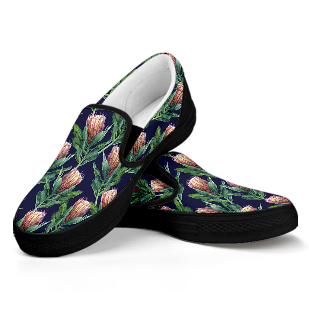 Watercolor Protea Pattern Print Black Slip On Shoes