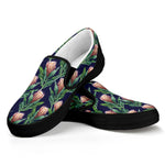 Watercolor Protea Pattern Print Black Slip On Shoes