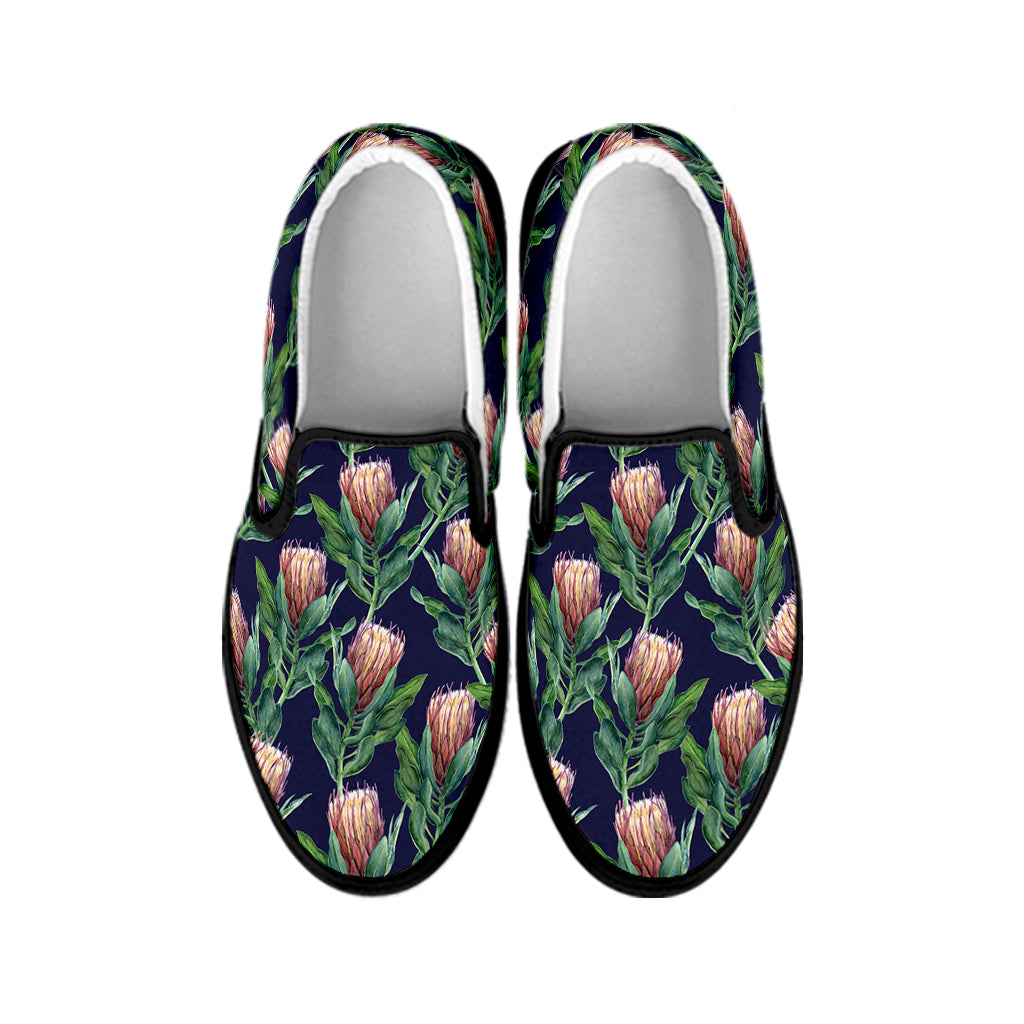 Watercolor Protea Pattern Print Black Slip On Shoes