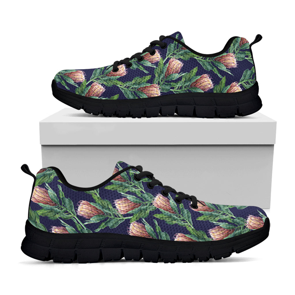 Watercolor Protea Pattern Print Black Sneakers