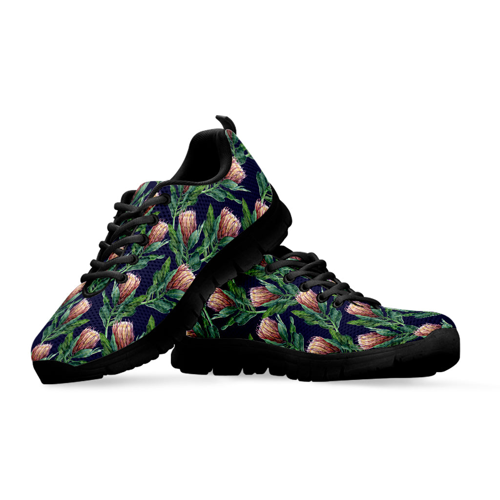 Watercolor Protea Pattern Print Black Sneakers
