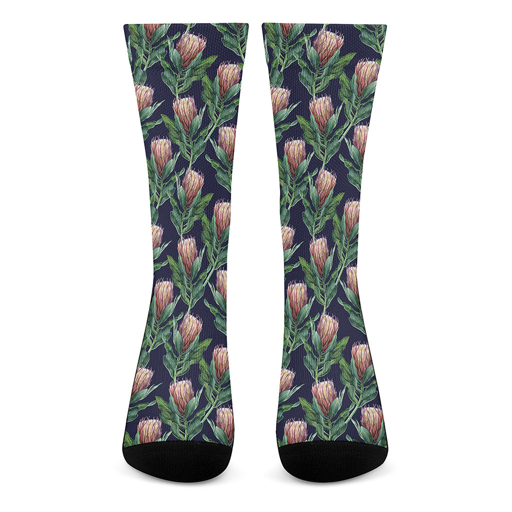 Watercolor Protea Pattern Print Crew Socks