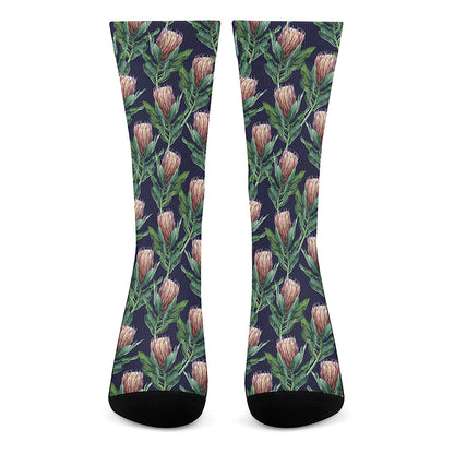 Watercolor Protea Pattern Print Crew Socks
