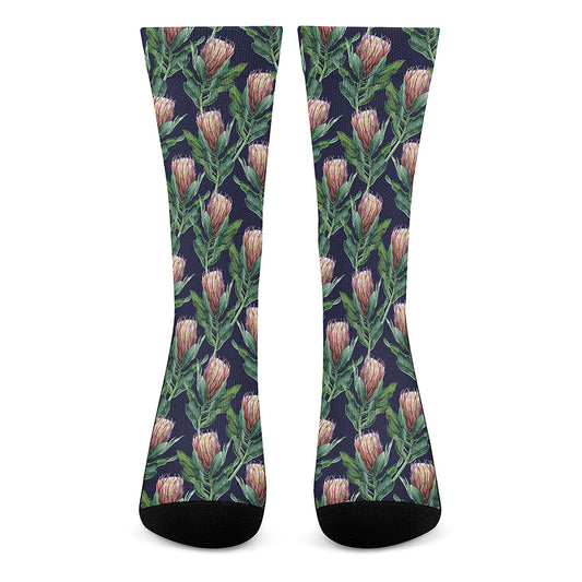 Watercolor Protea Pattern Print Crew Socks
