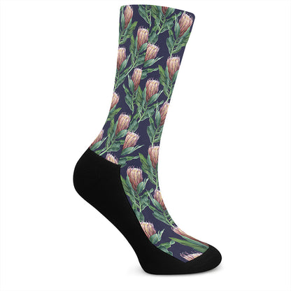 Watercolor Protea Pattern Print Crew Socks