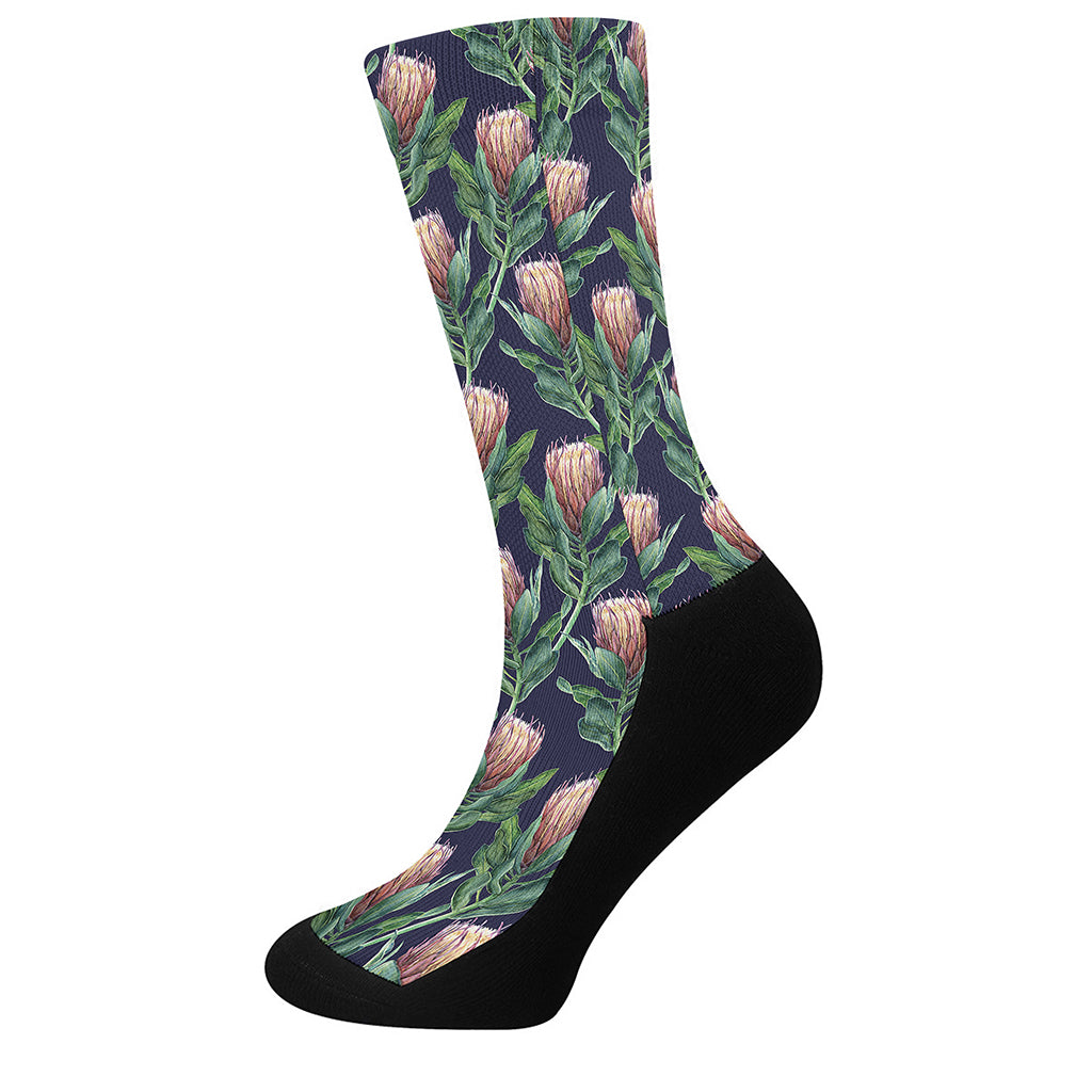Watercolor Protea Pattern Print Crew Socks