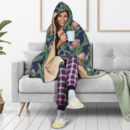 Watercolor Protea Pattern Print Hooded Blanket