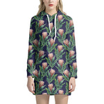 Watercolor Protea Pattern Print Hoodie Dress