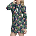 Watercolor Protea Pattern Print Hoodie Dress