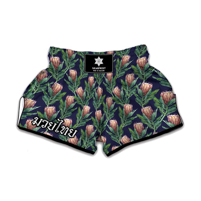 Watercolor Protea Pattern Print Muay Thai Boxing Shorts
