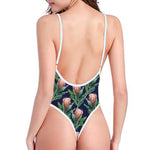 Watercolor Protea Pattern Print One Piece High Cut Swimsuit