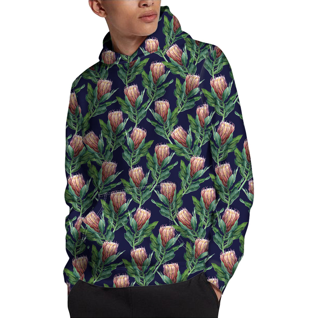 Watercolor Protea Pattern Print Pullover Hoodie