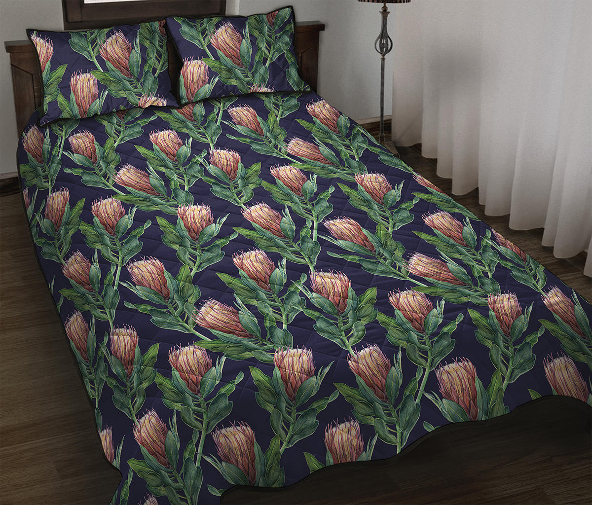 Watercolor Protea Pattern Print Quilt Bed Set