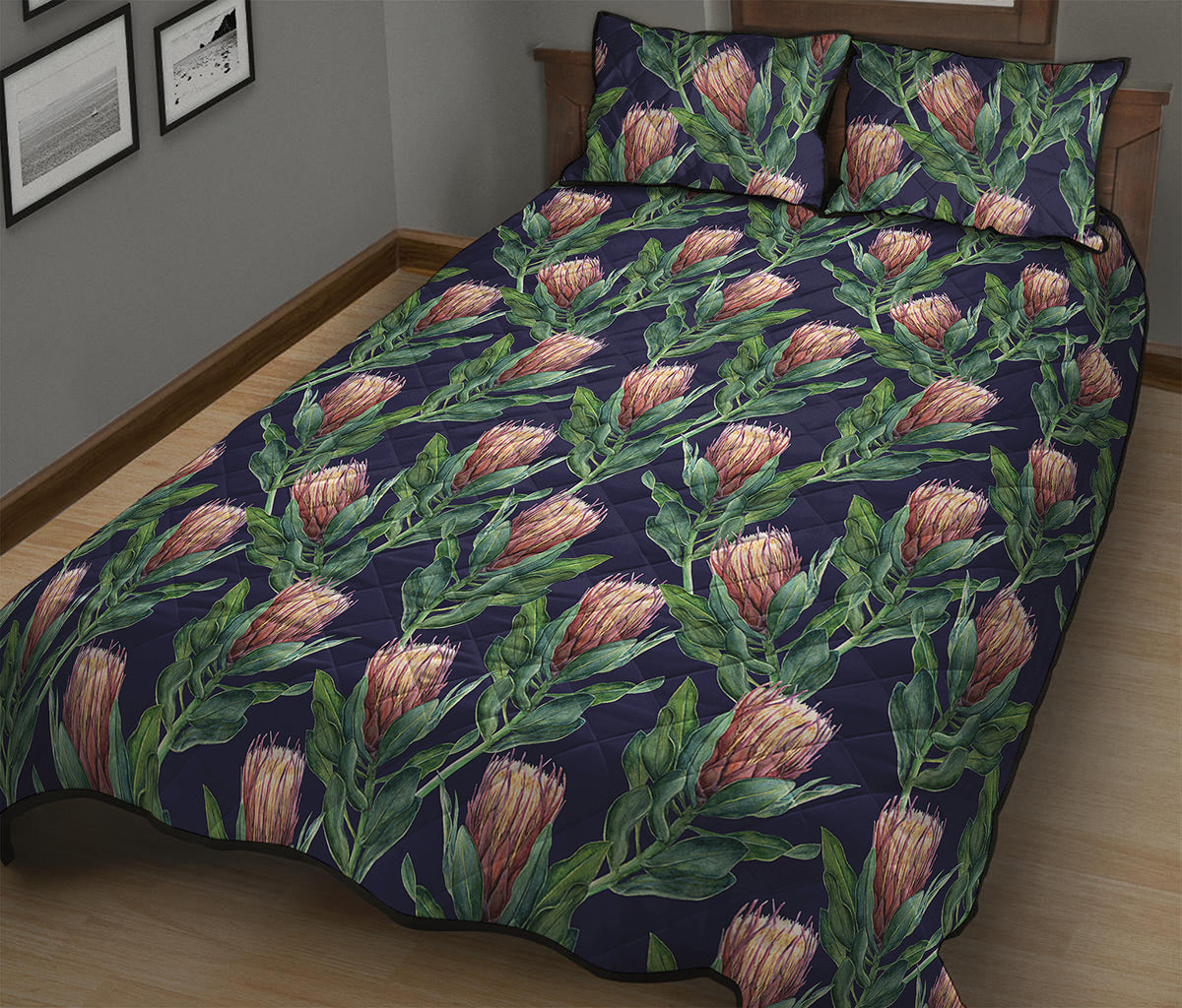Watercolor Protea Pattern Print Quilt Bed Set