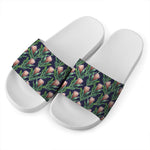 Watercolor Protea Pattern Print White Slide Sandals