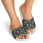 Watercolor Protea Pattern Print White Slide Sandals