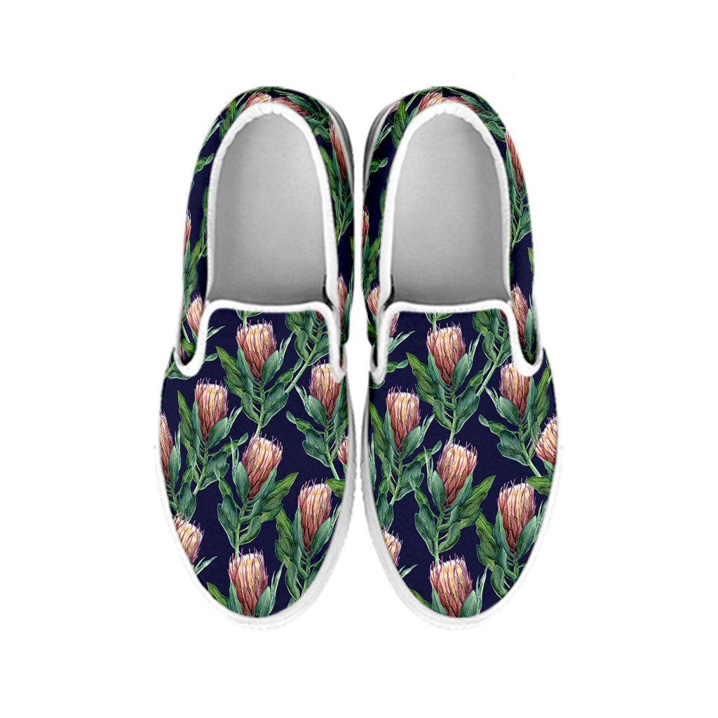 Watercolor Protea Pattern Print White Slip On Shoes