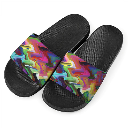 Watercolor Psychedelic Print Black Slide Sandals