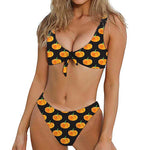 Watercolor Pumpkin Pattern Print Front Bow Tie Bikini