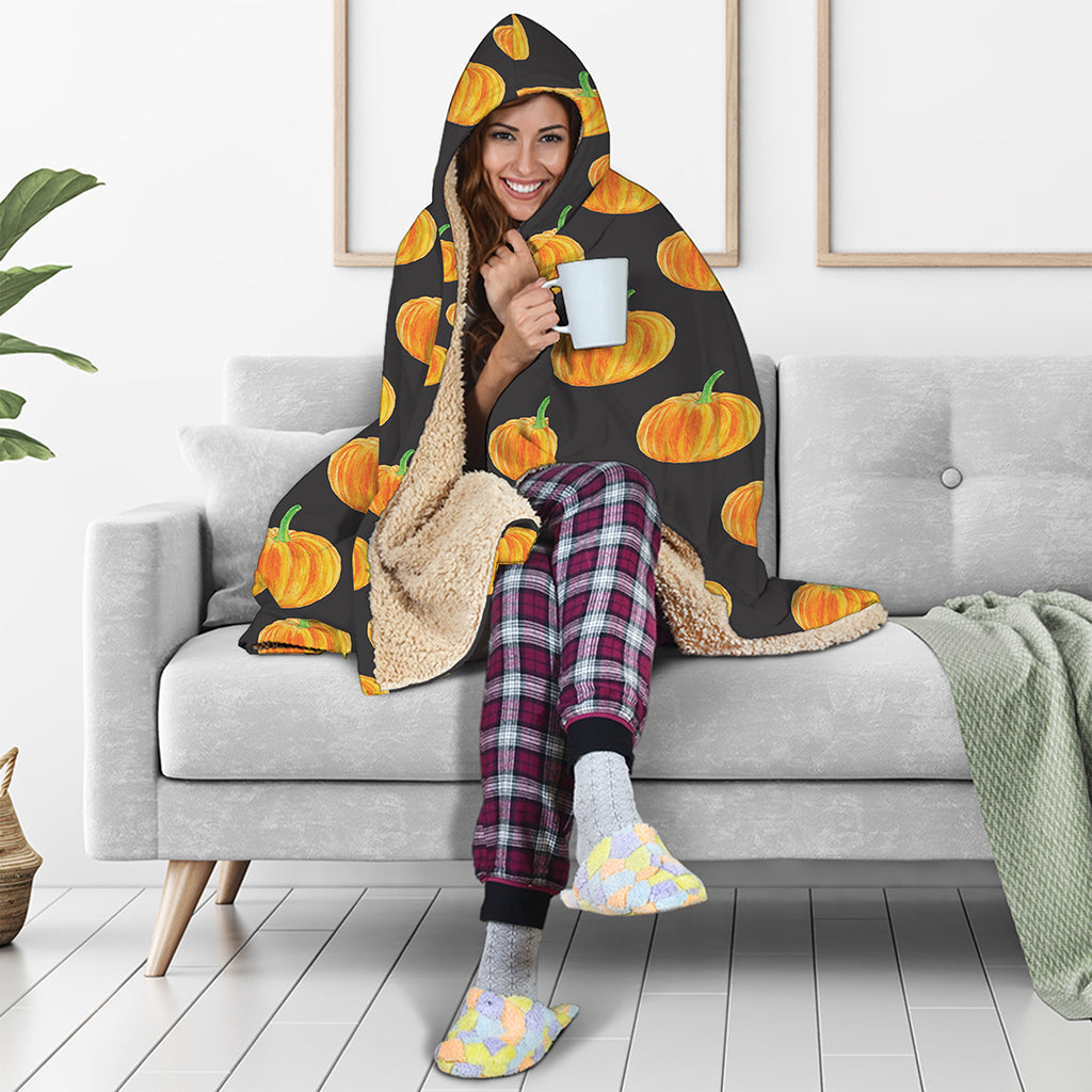 Watercolor Pumpkin Pattern Print Hooded Blanket