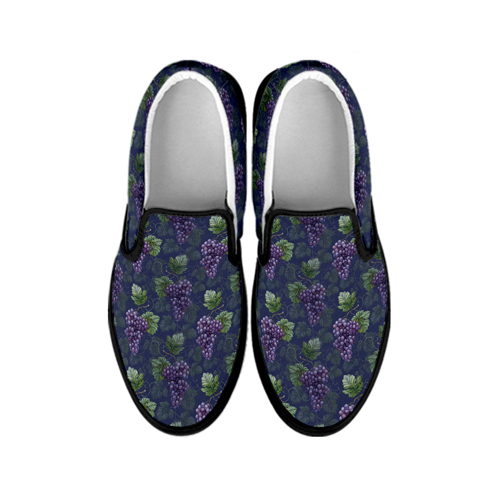 Watercolor Purple Grapes Pattern Print Black Slip On Shoes