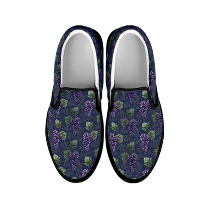 Watercolor Purple Grapes Pattern Print Black Slip On Shoes