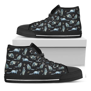 Watercolor Raccoon Pattern Print Black High Top Shoes