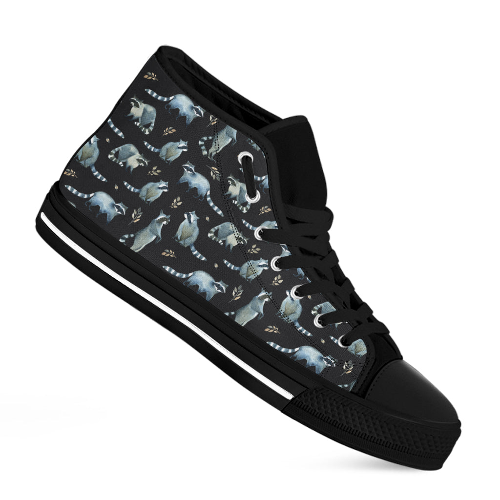 Watercolor Raccoon Pattern Print Black High Top Shoes