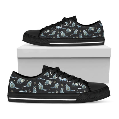 Watercolor Raccoon Pattern Print Black Low Top Shoes