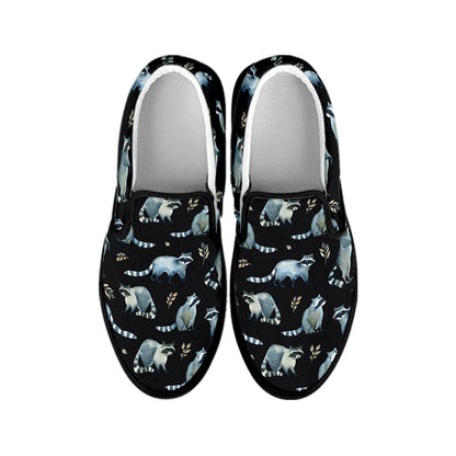Watercolor Raccoon Pattern Print Black Slip On Shoes