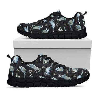 Watercolor Raccoon Pattern Print Black Sneakers