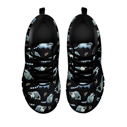 Watercolor Raccoon Pattern Print Black Sneakers