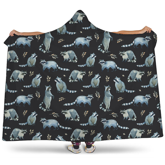 Watercolor Raccoon Pattern Print Hooded Blanket