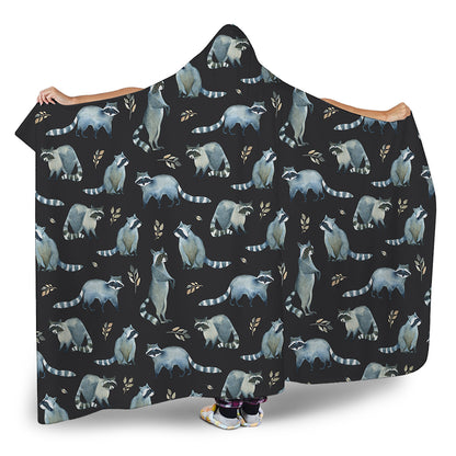 Watercolor Raccoon Pattern Print Hooded Blanket