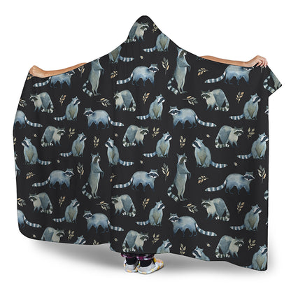 Watercolor Raccoon Pattern Print Hooded Blanket
