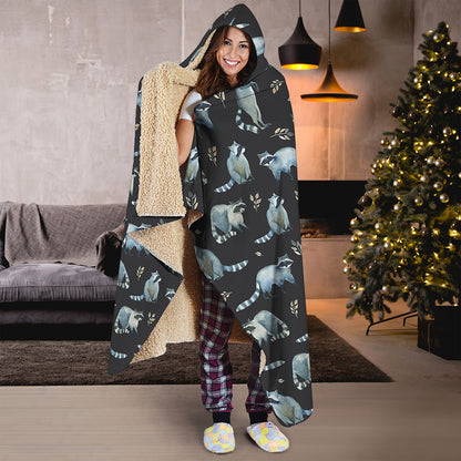 Watercolor Raccoon Pattern Print Hooded Blanket