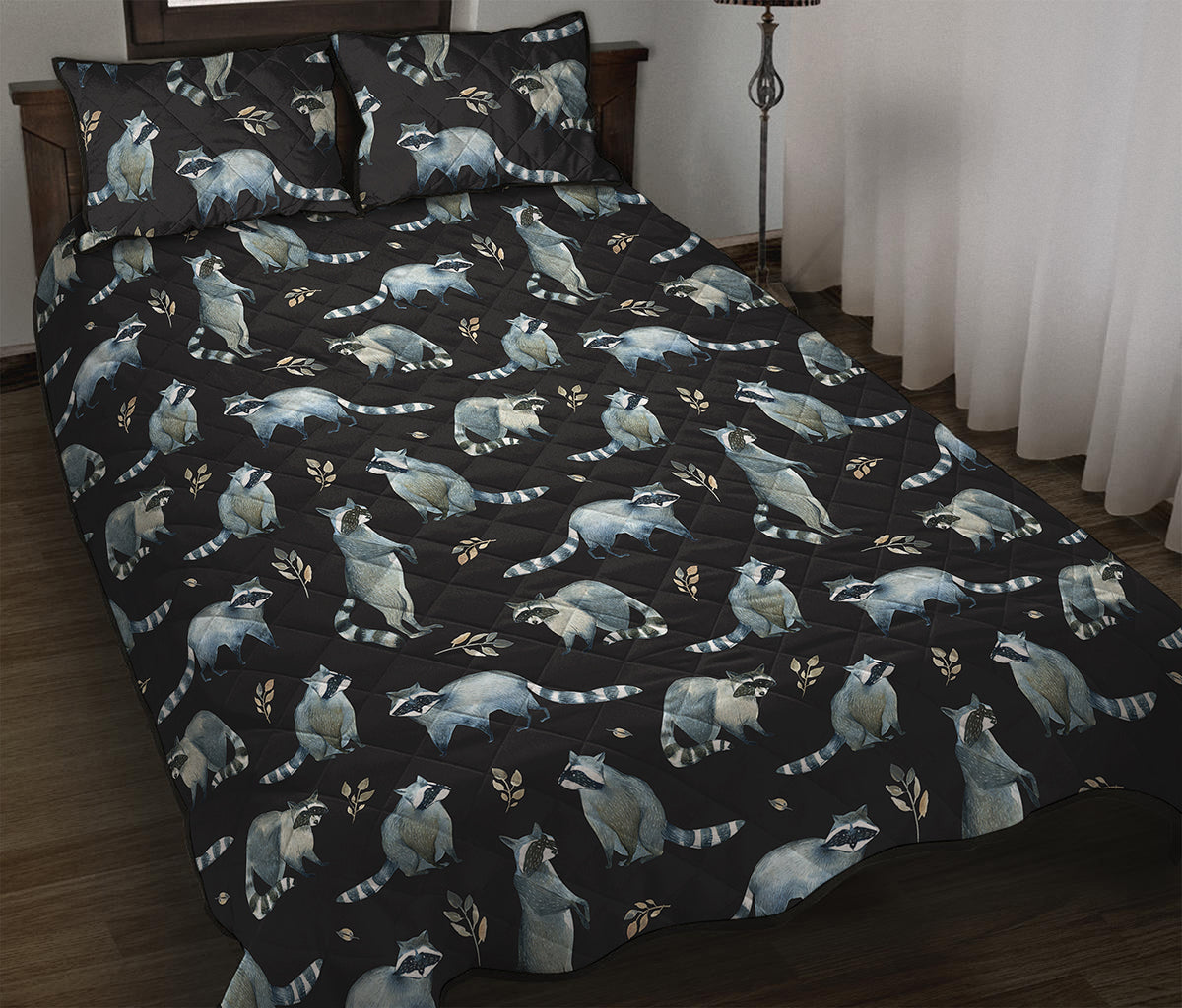 Watercolor Raccoon Pattern Print Quilt Bed Set