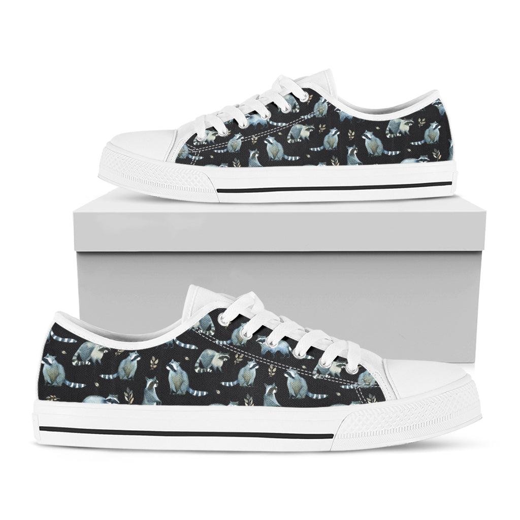 Watercolor Raccoon Pattern Print White Low Top Shoes