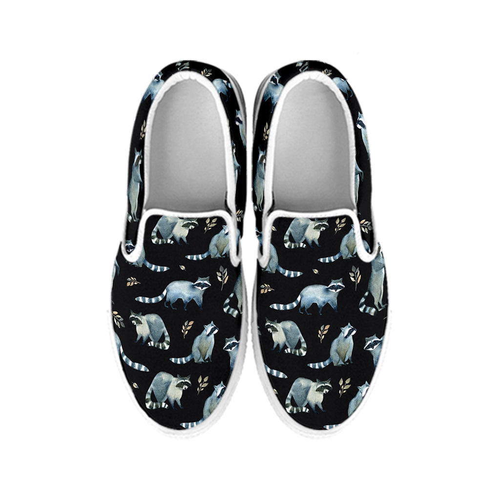 Watercolor Raccoon Pattern Print White Slip On Shoes