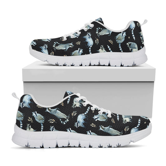 Watercolor Raccoon Pattern Print White Sneakers