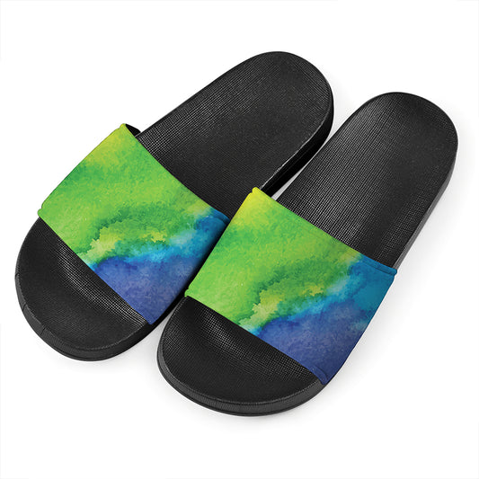 Watercolor Rainbow LGBT Pride Print Black Slide Sandals