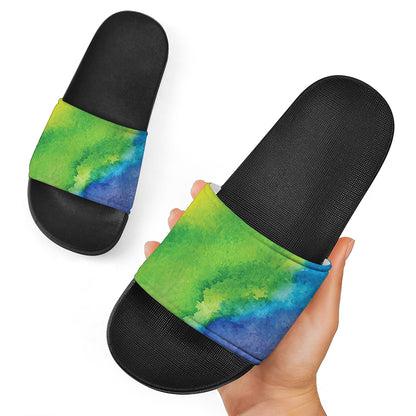 Watercolor Rainbow LGBT Pride Print Black Slide Sandals