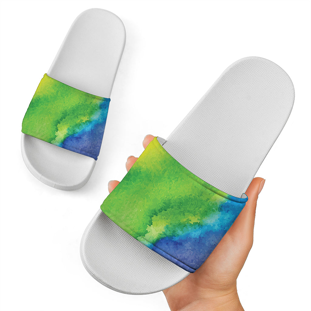 Watercolor Rainbow LGBT Pride Print White Slide Sandals