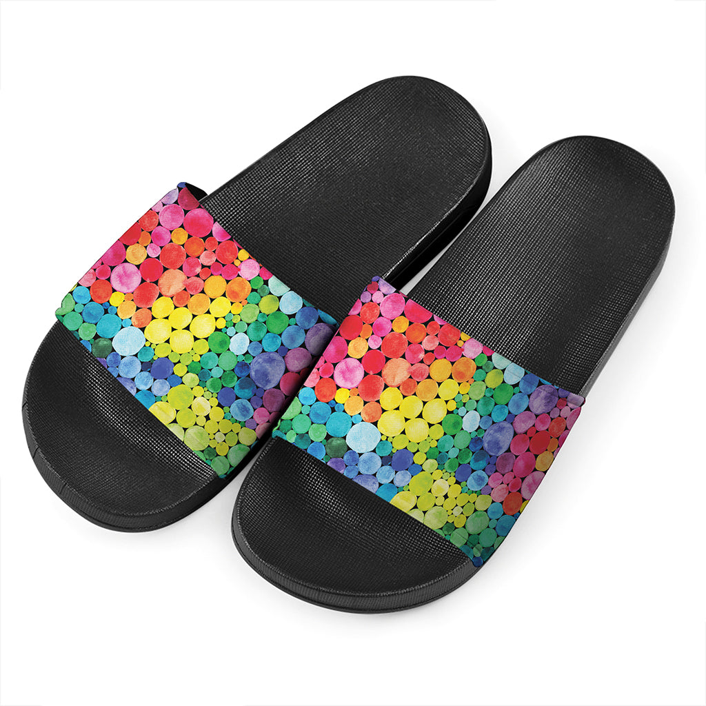 Watercolor Rainbow Pattern Print Black Slide Sandals