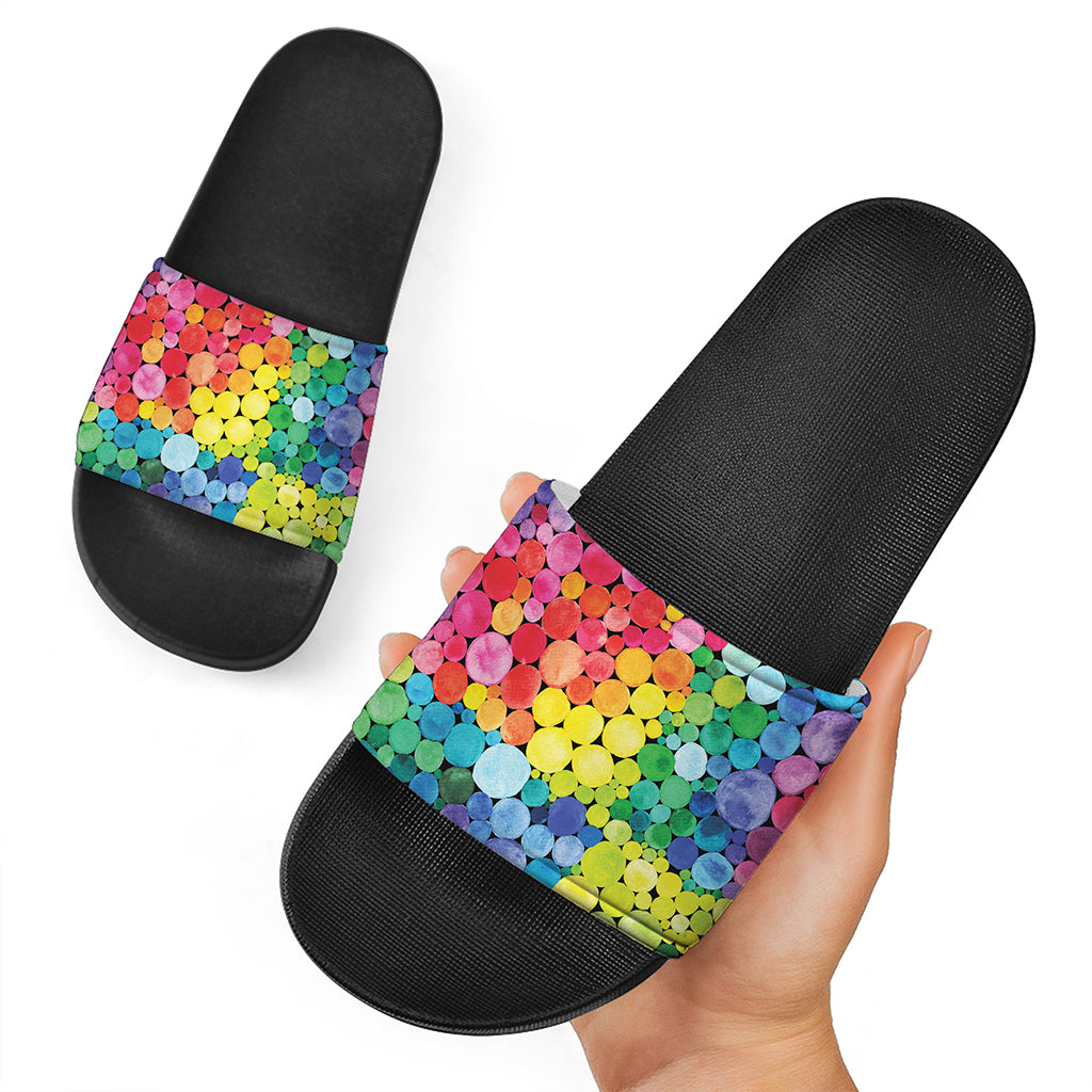 Watercolor Rainbow Pattern Print Black Slide Sandals