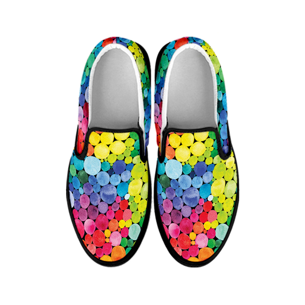 Watercolor Rainbow Pattern Print Black Slip On Shoes